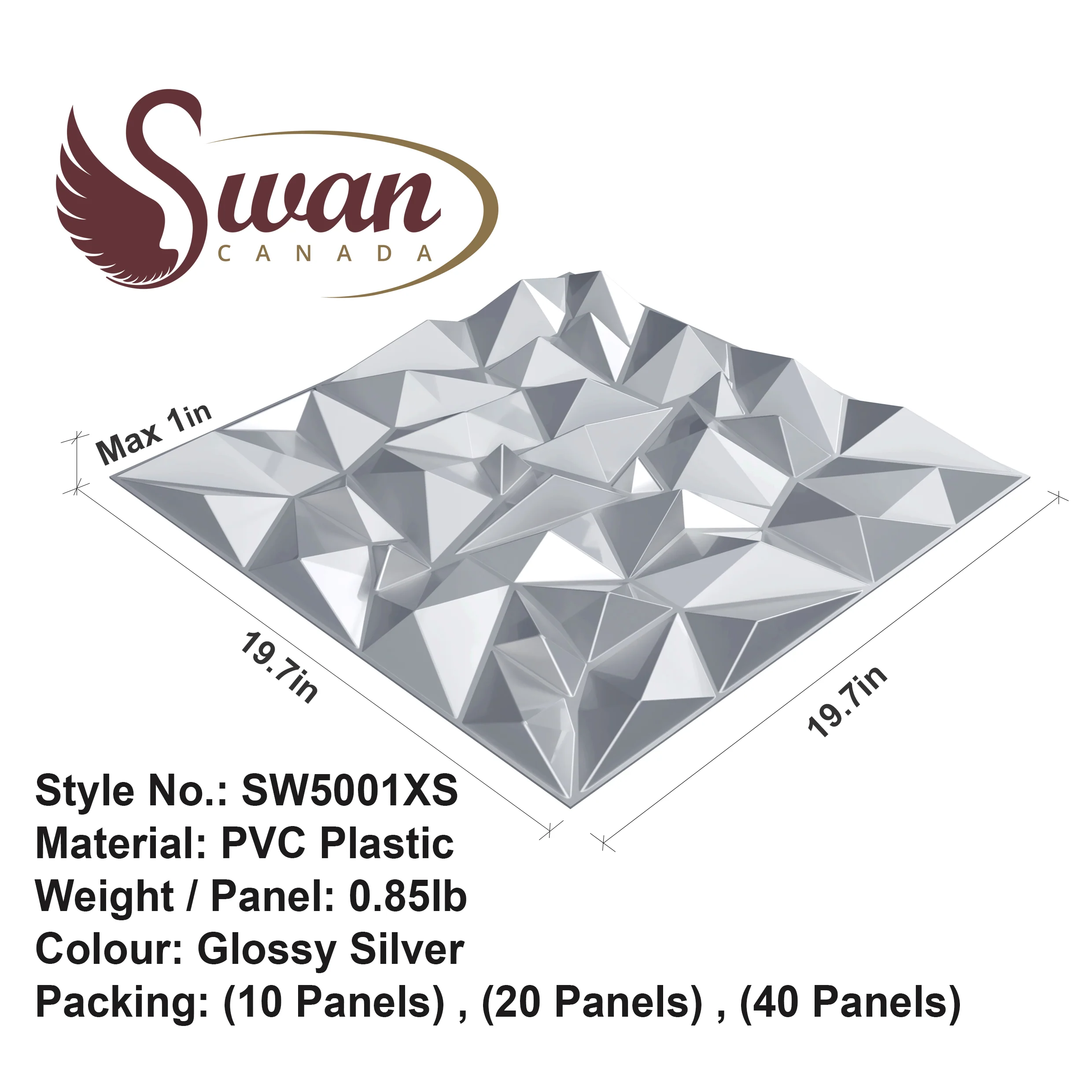 3D Wall Panels, Glossy Silver, 19.7" x 19.7" - Image 3